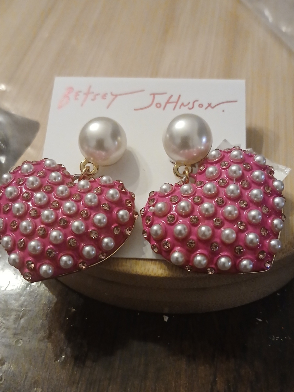 Betsey Johnson Hot Pink Pearl-Stud Heart Drop Earrings